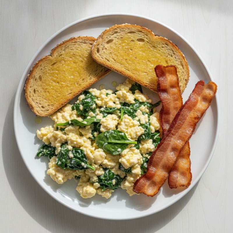Creamy Cottage Cheese Scramble with Spinach and Turkey Bacon