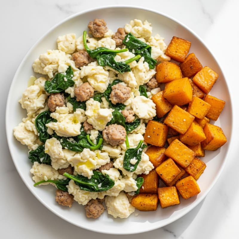 Egg White and Turkey Sausage Scramble with Spinach and Roasted Sweet Potato