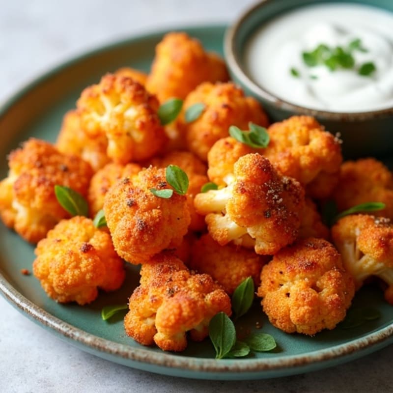 Crispy Roasted Buffalo Cauliflower Bites with Greek Yogurt Dip