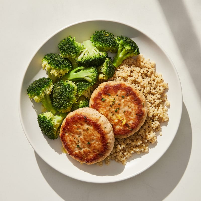 Seared Turkey Patties with Steamed Broccoli and Quinoa