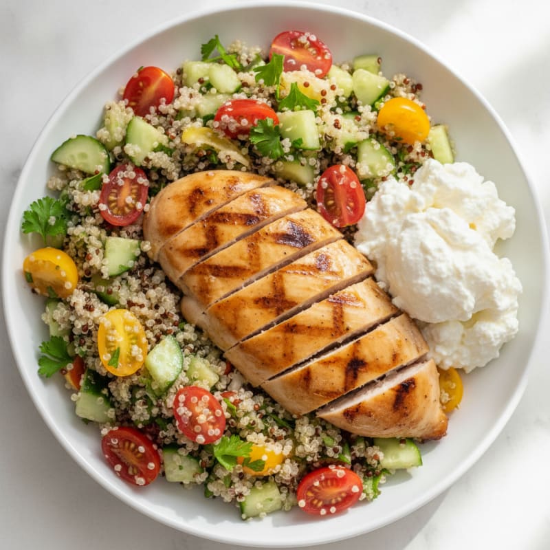 Grilled Chicken Breast with Creamy Cottage Cheese and Quinoa Salad