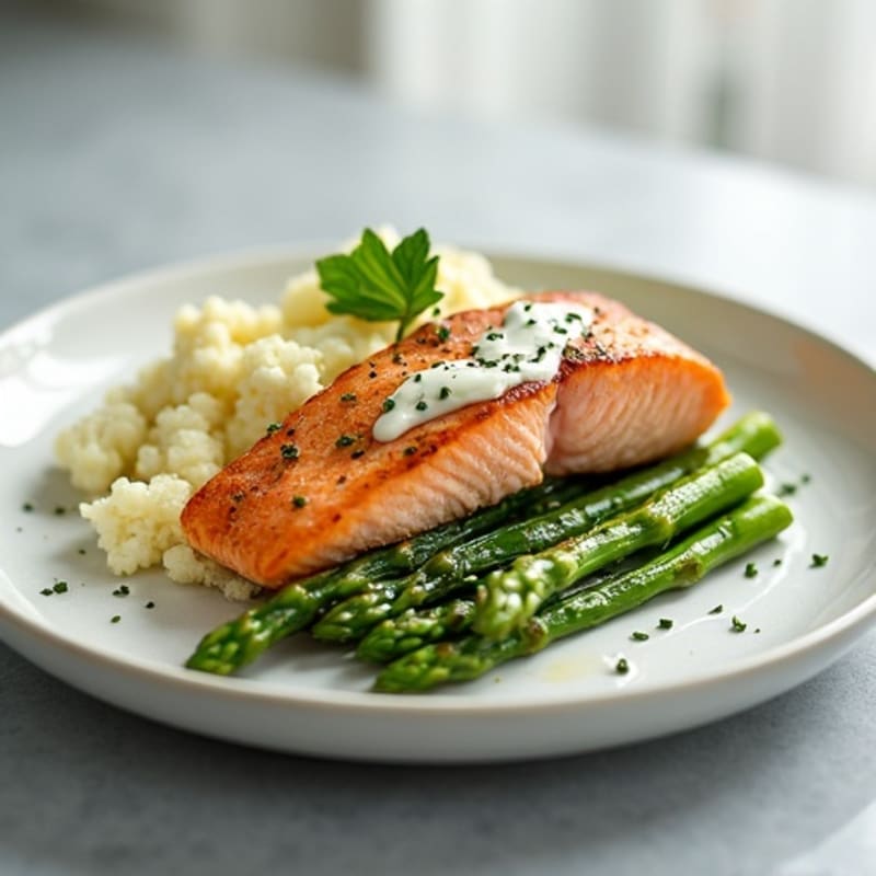 Seared Salmon with Steamed Asparagus and Cauliflower Mash