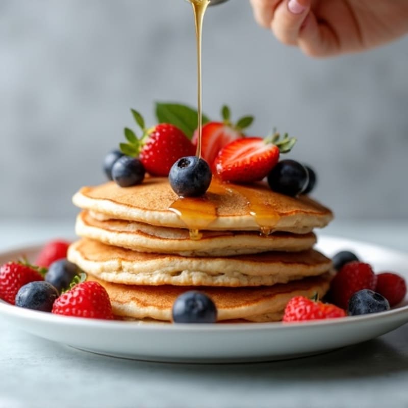 Fluffy Protein Pancakes with Fresh Berries and Maple Drizzle