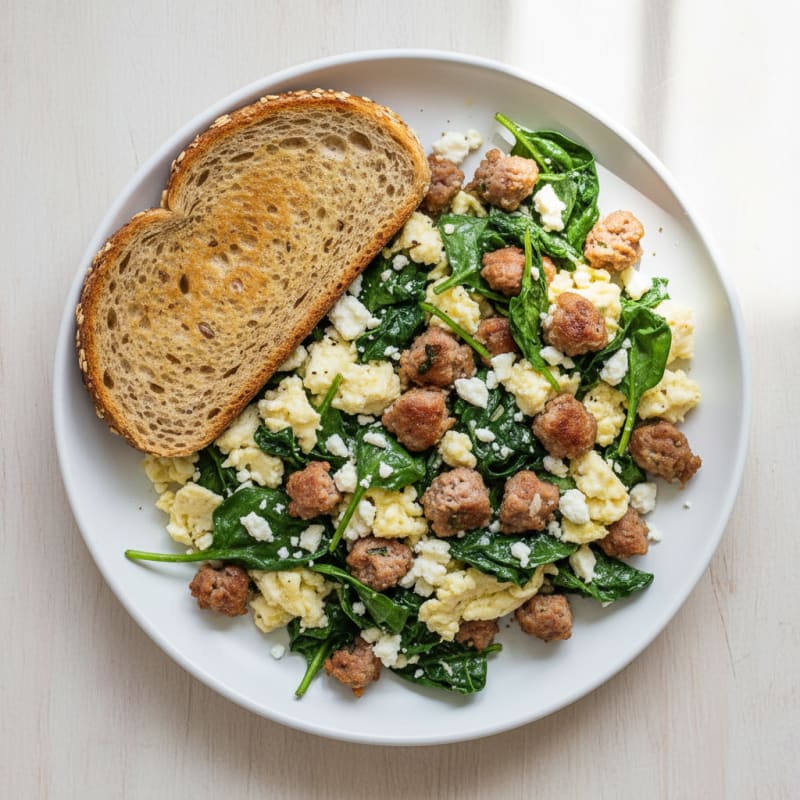 Egg White and Turkey Sausage Scramble with Spinach and Feta