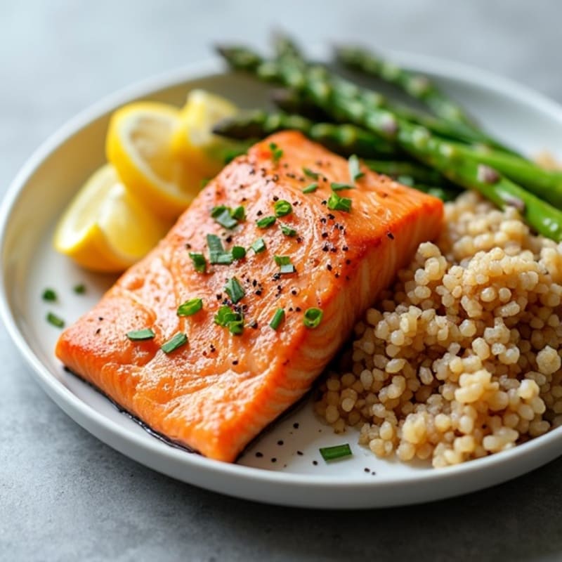 Seared Salmon Fillet with Steamed Asparagus and Brown Rice