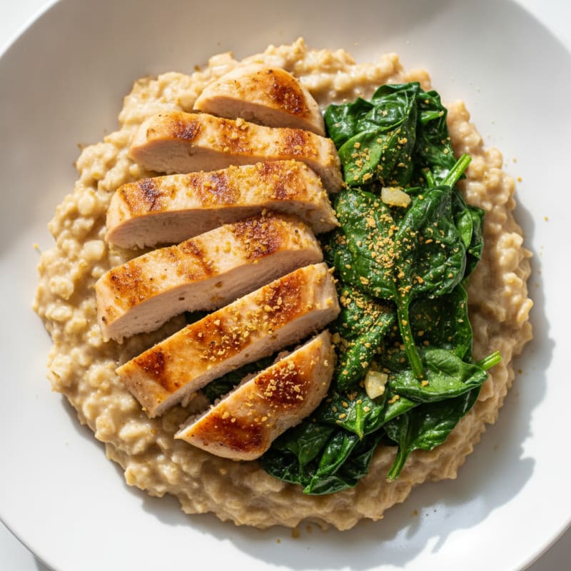 Creamy Oatmeal with Sautéed Spinach and Grilled Chicken Strips