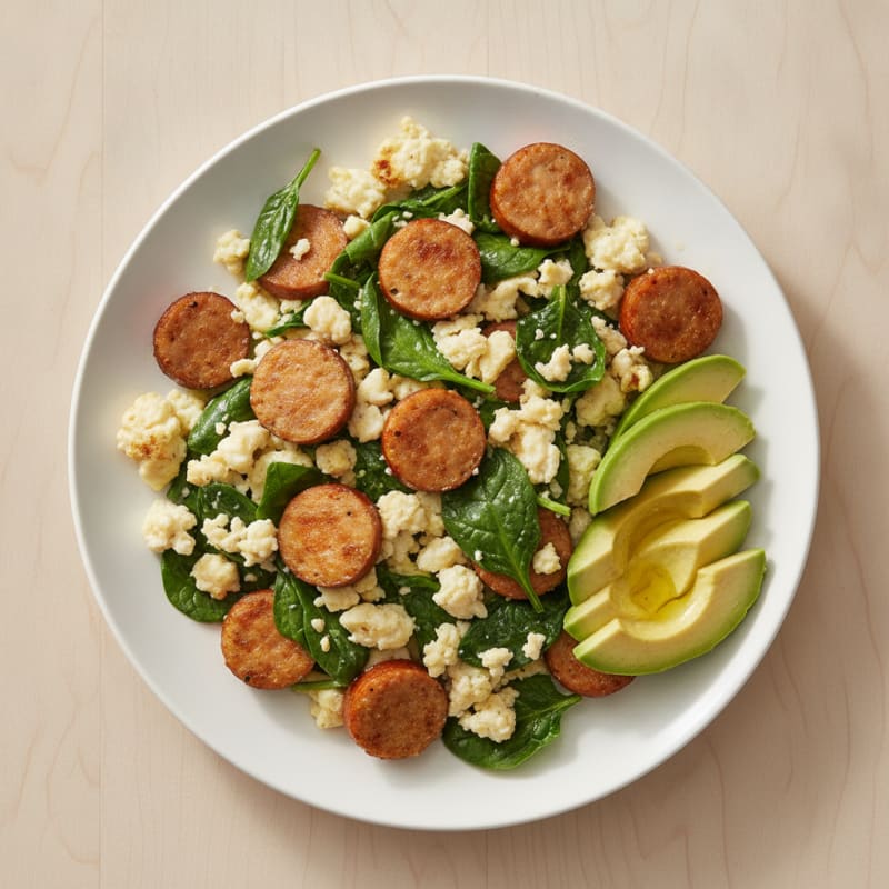Egg White and Chicken Sausage Scramble with Spinach