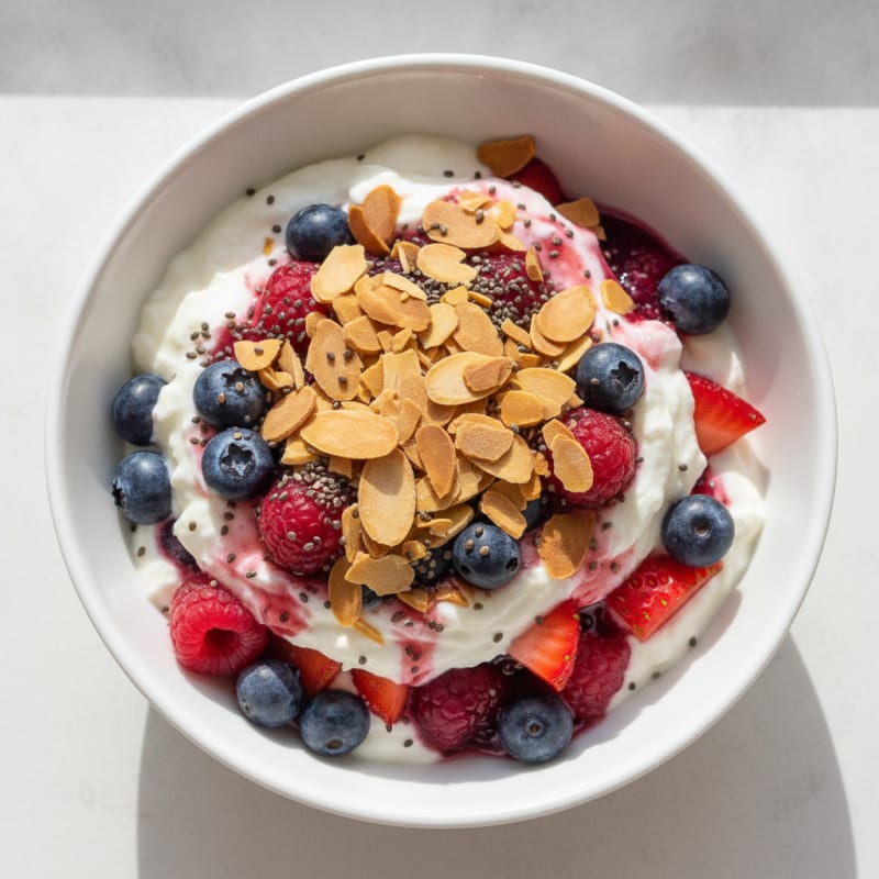 Greek Yogurt Protein Parfait with Mixed Berries and Almonds