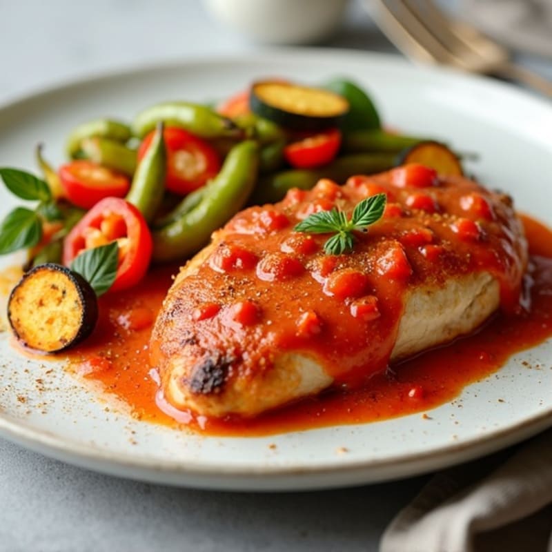 Spiced Chicken with Creamy Tomato Sauce and Roasted Vegetables