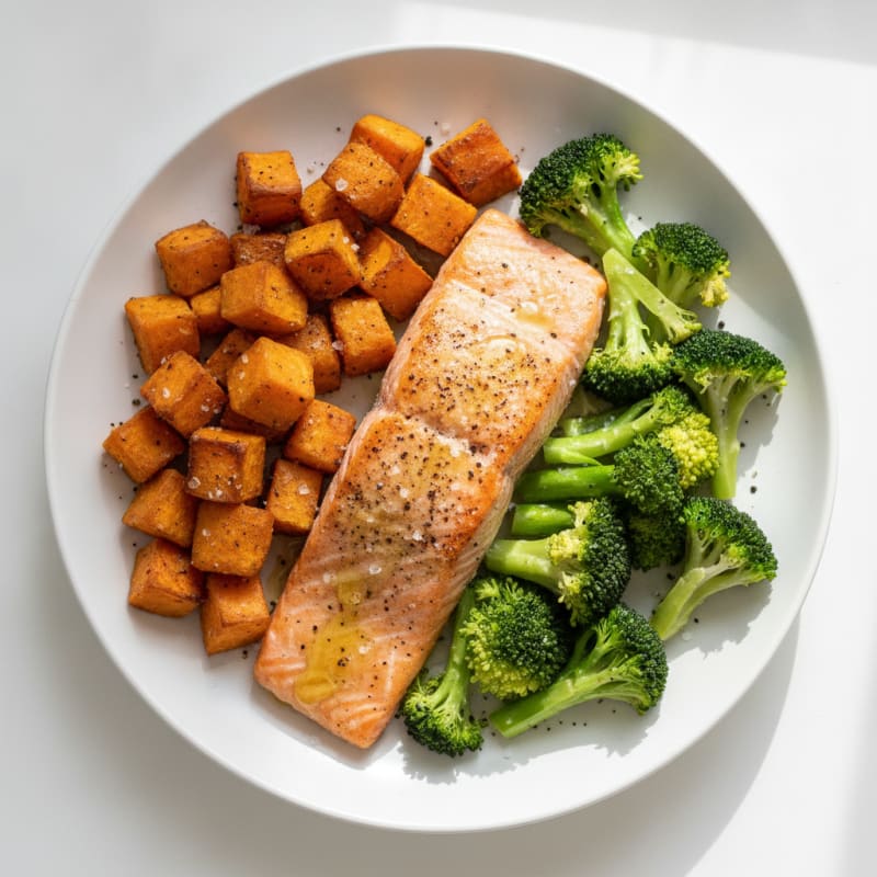 Baked Salmon with Roasted Sweet Potatoes and Broccoli