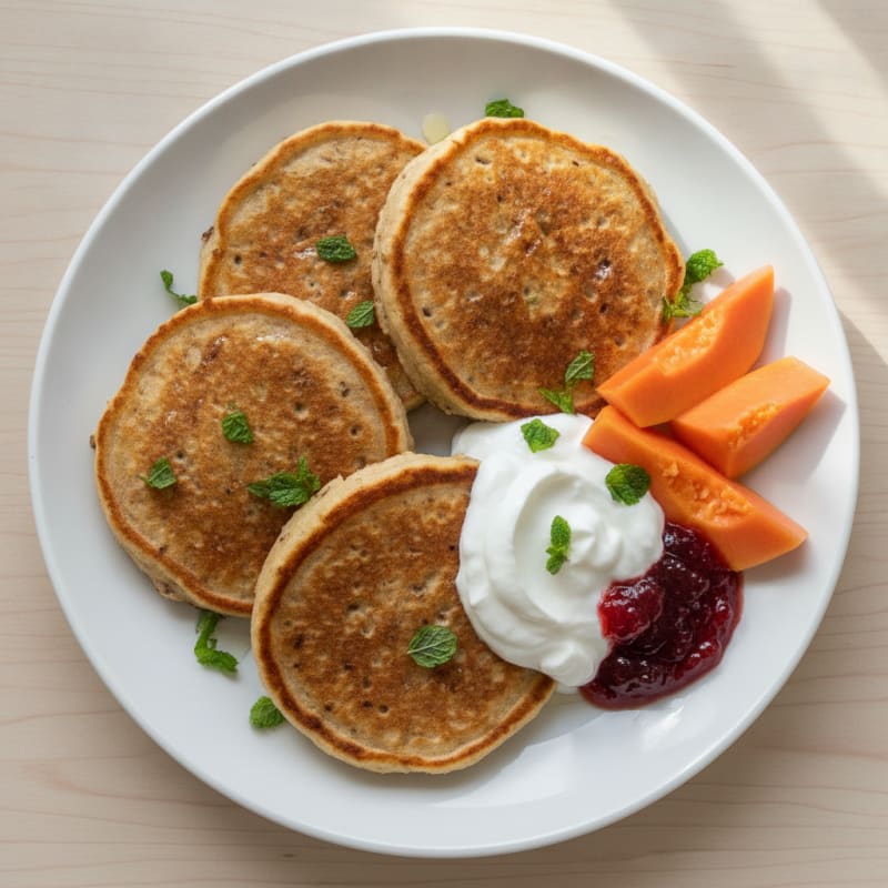 Banana Oat Pancakes with Greek Yogurt and Papaya Slices