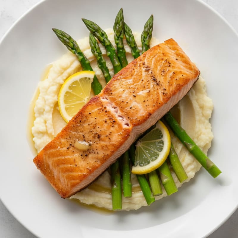 Seared Salmon with Steamed Asparagus and Cauliflower Mash