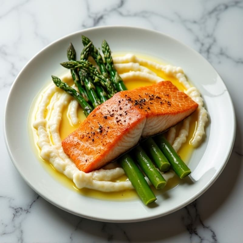 Seared Salmon with Steamed Asparagus and Garlic Cauliflower Mash
