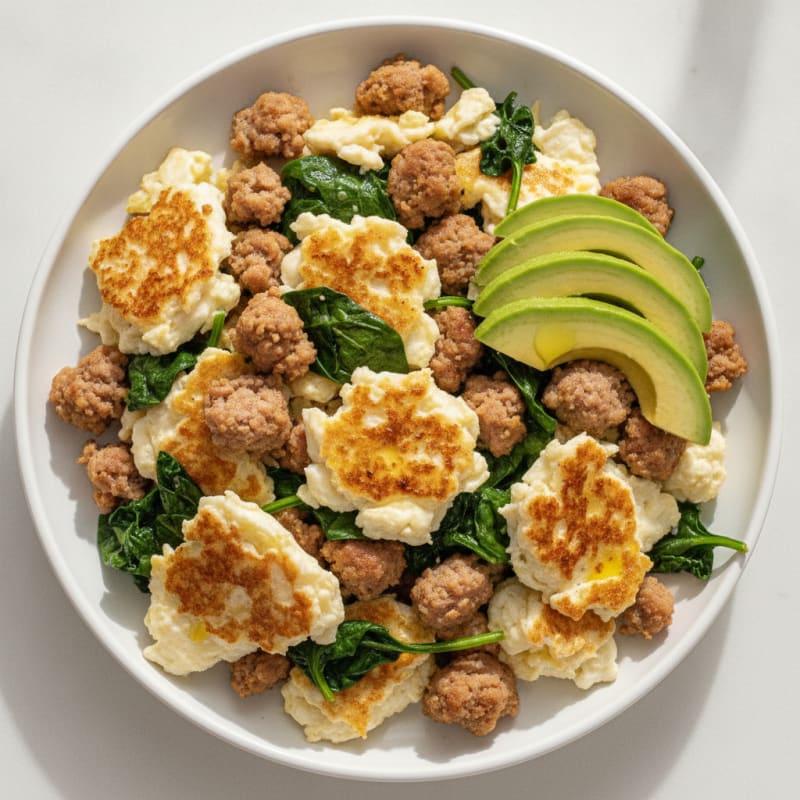 Crispy Egg White and Turkey Sausage Scramble with Sautéed Spinach
