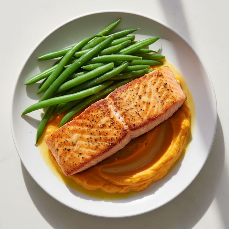 Pan-Seared Salmon with Steamed Green Beans and Sweet Potato Mash