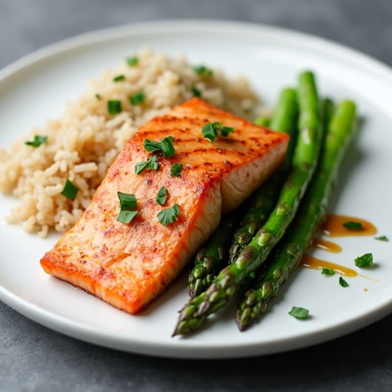 Seared Salmon with Steamed Asparagus and Brown Rice