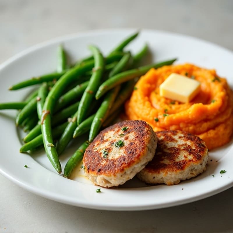 Seared Turkey Patties with Steamed Green Beans and Sweet Potato Mash