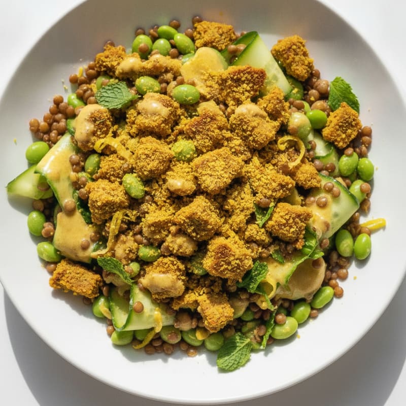 Lentil and Edamame Crunch Salad with Lemon Tahini Dressing