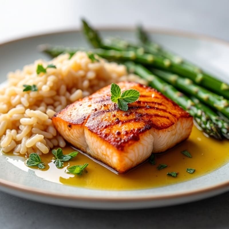 Seared Salmon Fillet with Steamed Asparagus and Brown Rice