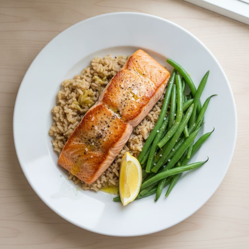 Seared Salmon with Steamed Green Beans and Brown Rice