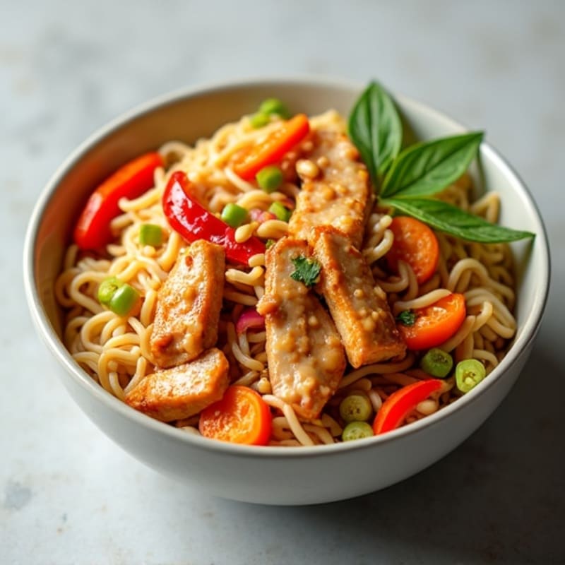 Spicy Peanut Chicken Noodles with Crisp Vegetables