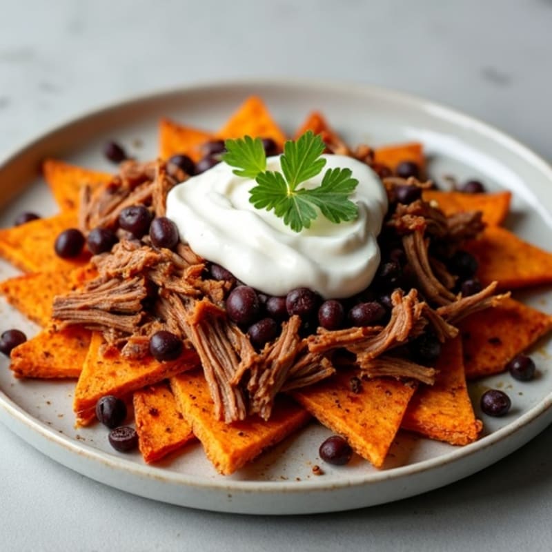 Sheet Pan Crispy Sweet Potato Nachos with Shredded Pork