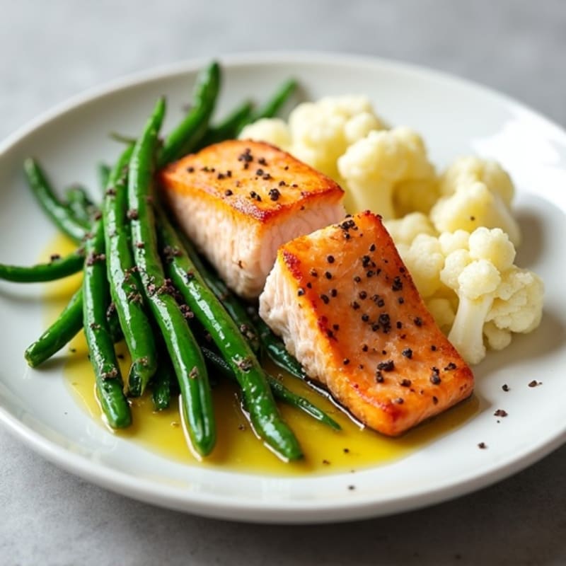 Seared Salmon with Garlic Green Beans and Cauliflower Mash