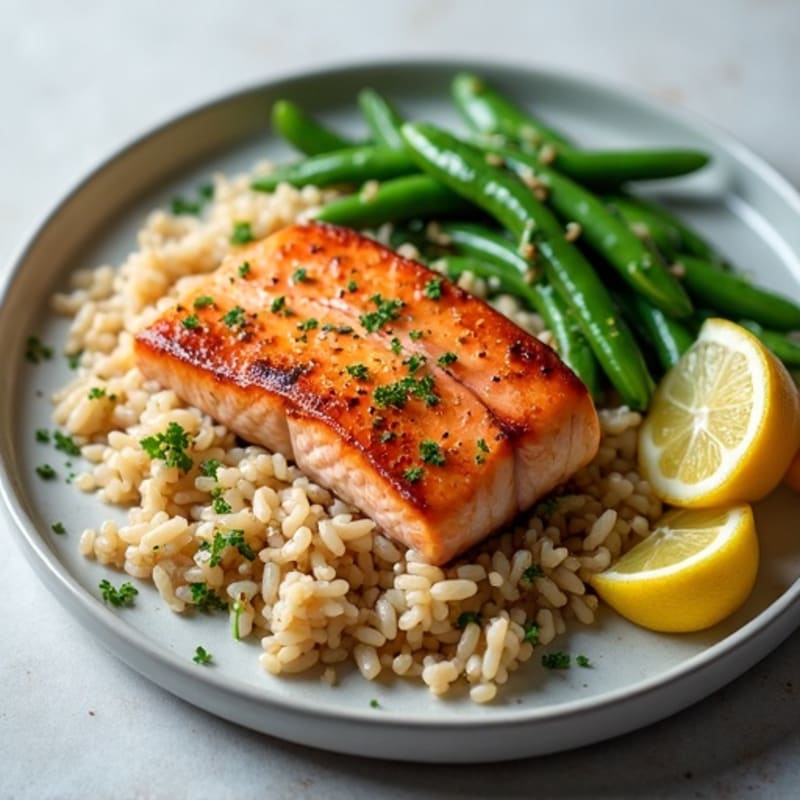 Seared Salmon with Garlic Green Beans and Brown Rice