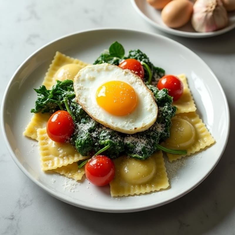 Spinach Ravioli with Garlic-Sautéed Greens and Burst Cherry Tomatoes