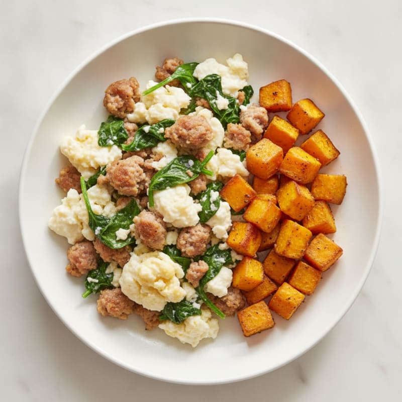 Egg White and Turkey Sausage Scramble with Spinach and Roasted Sweet Potato