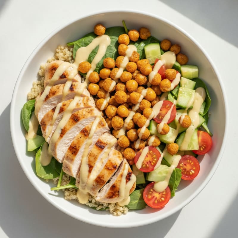 Crispy Chickpea and Grilled Chicken Power Bowl with Quinoa