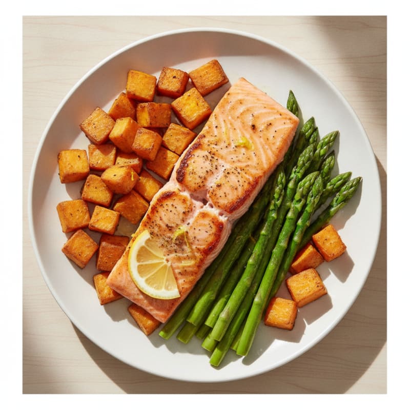 Seared Salmon Fillet with Roasted Sweet Potatoes and Asparagus