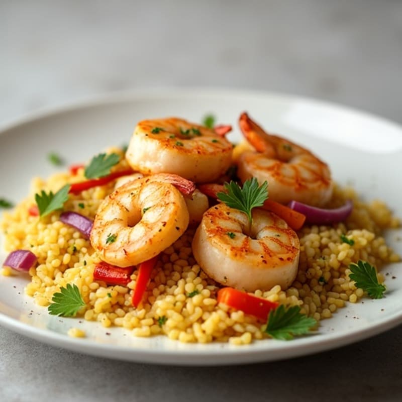 Crispy Pan-Seared Seafood with Saffron-Infused Rice and Roasted Vegetables