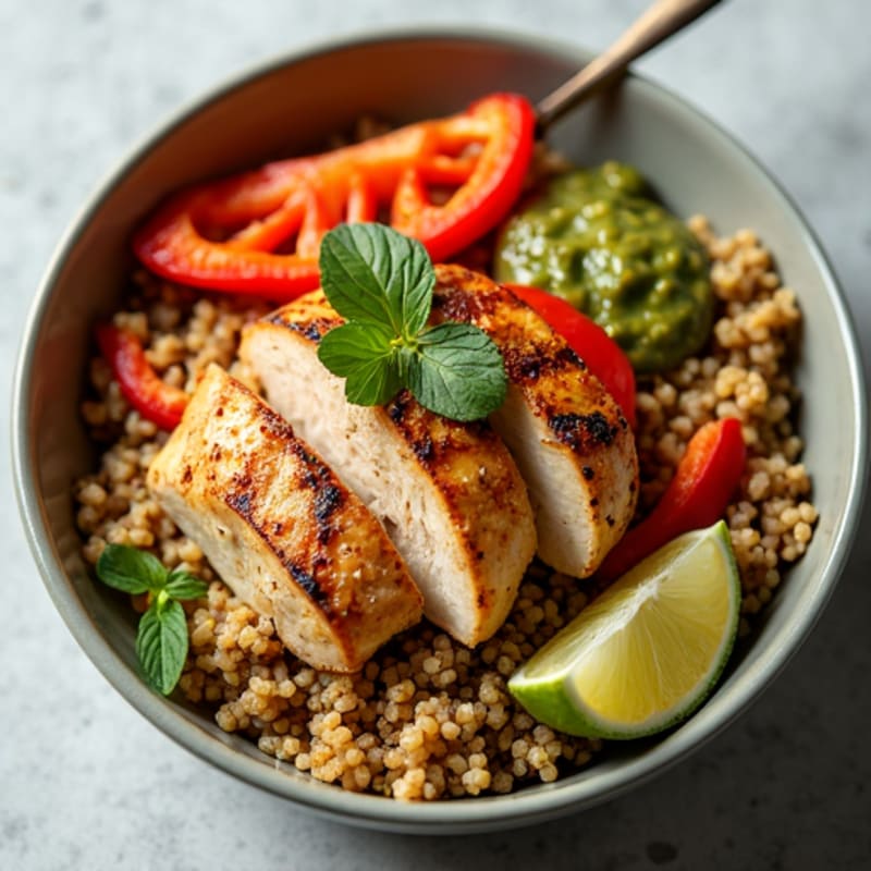 Grilled Chicken and Quinoa Bowl with Roasted Peppers and Salsa Verde