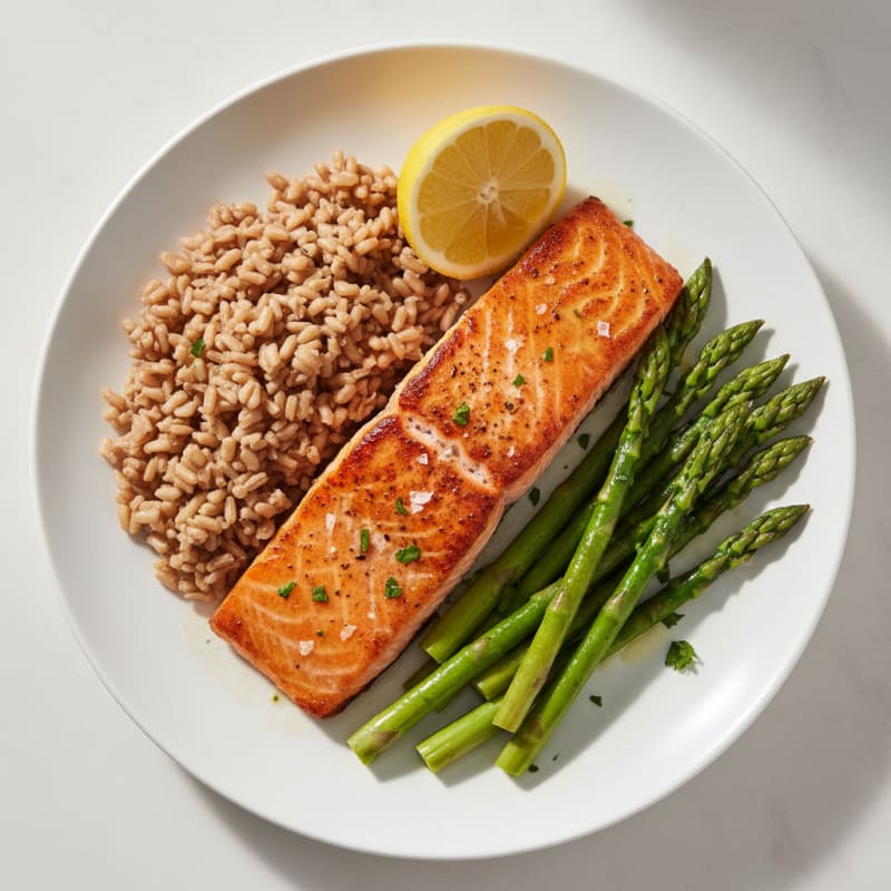 Seared Salmon with Steamed Asparagus and Brown Rice