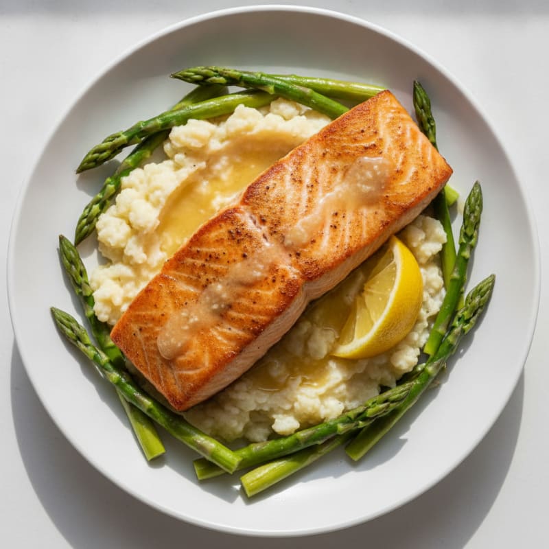 Seared Salmon with Steamed Asparagus and Cauliflower Mash