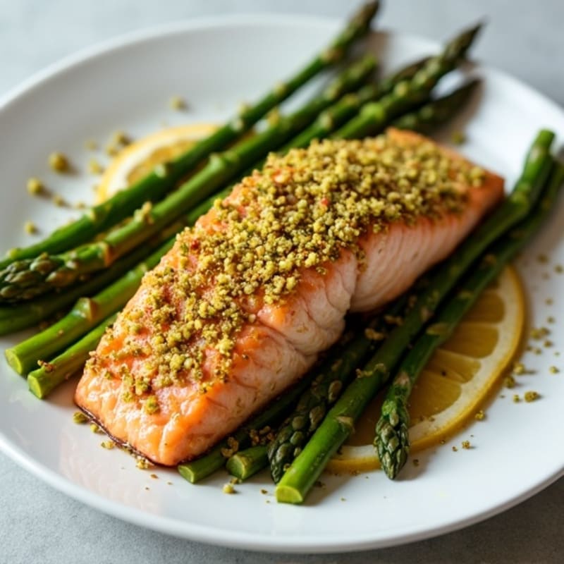 Crispy Pistachio-Crusted Salmon with Lemon-Garlic Roasted Asparagus