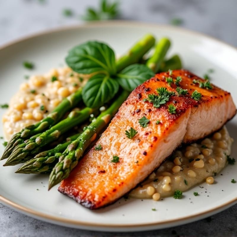 Seared Salmon with Steamed Asparagus and Lentil Mash