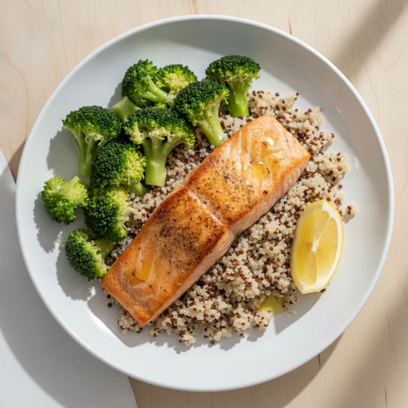 Seared Salmon Filet with Steamed Broccoli and Quinoa