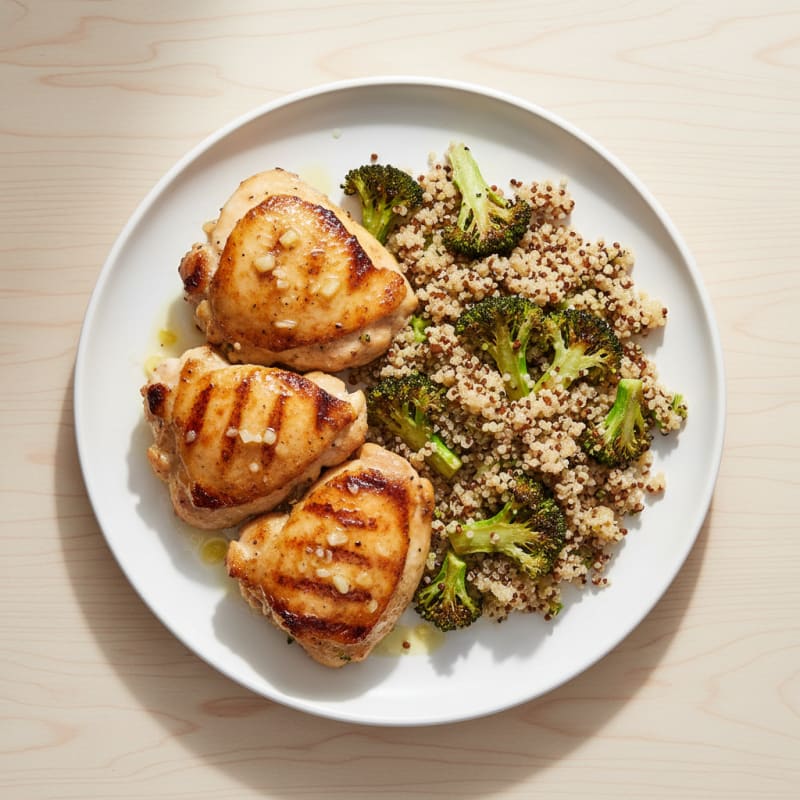 Grilled Chicken Thighs with Roasted Broccoli and Quinoa