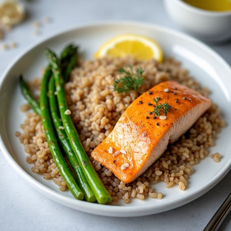 Seared Salmon with Steamed Asparagus and Wild Rice