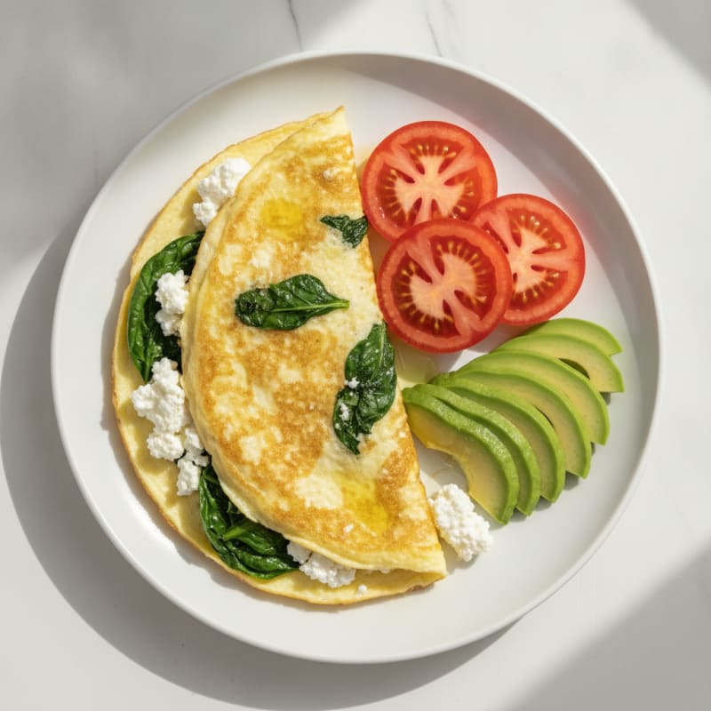 Egg White Spinach Omelette with Cottage Cheese and Sliced Tomatoes