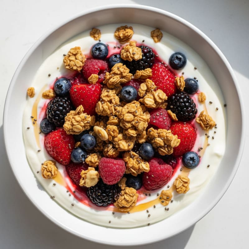 Silky Greek Yogurt Parfait with Protein Granola and Mixed Berries