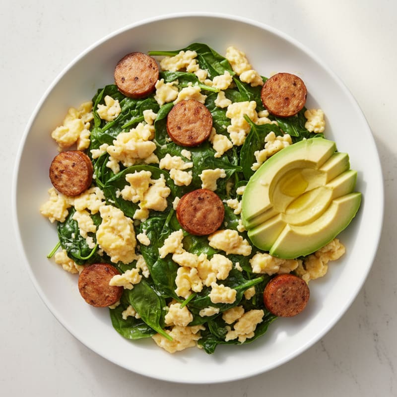 Scrambled Eggs with Sautéed Spinach and Chicken Sausage