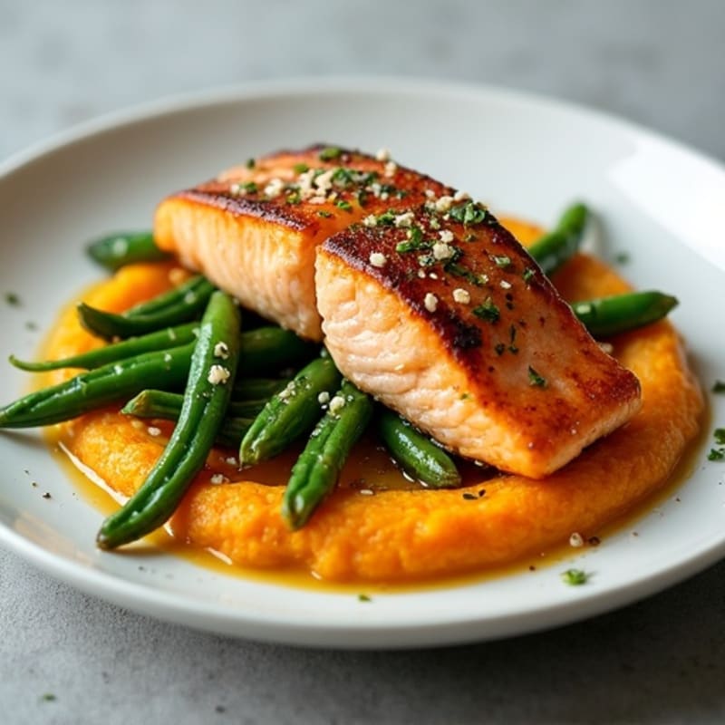 Seared Salmon with Garlic Green Beans and Sweet Potato Mash