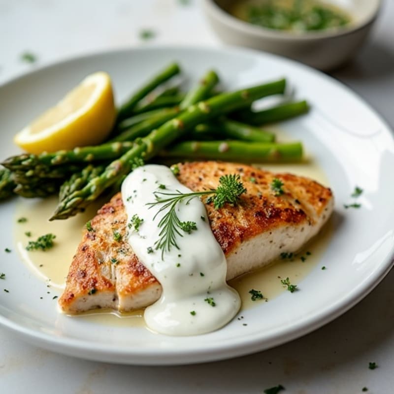 Pan-Seared Chicken with Creamy Herb Sauce and Roasted Asparagus