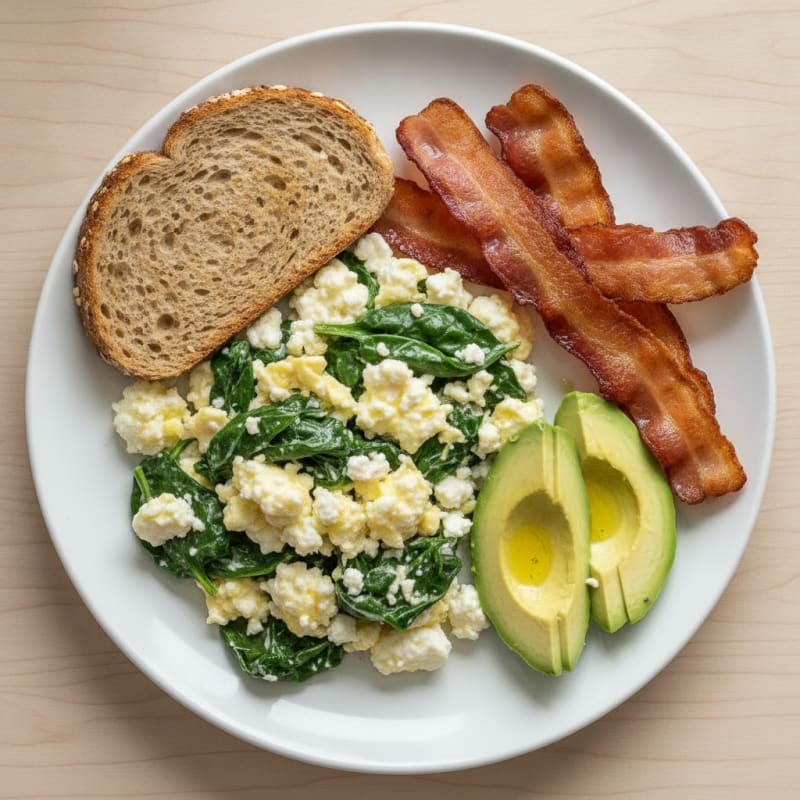 Cottage Cheese Scramble with Spinach and Turkey Bacon
