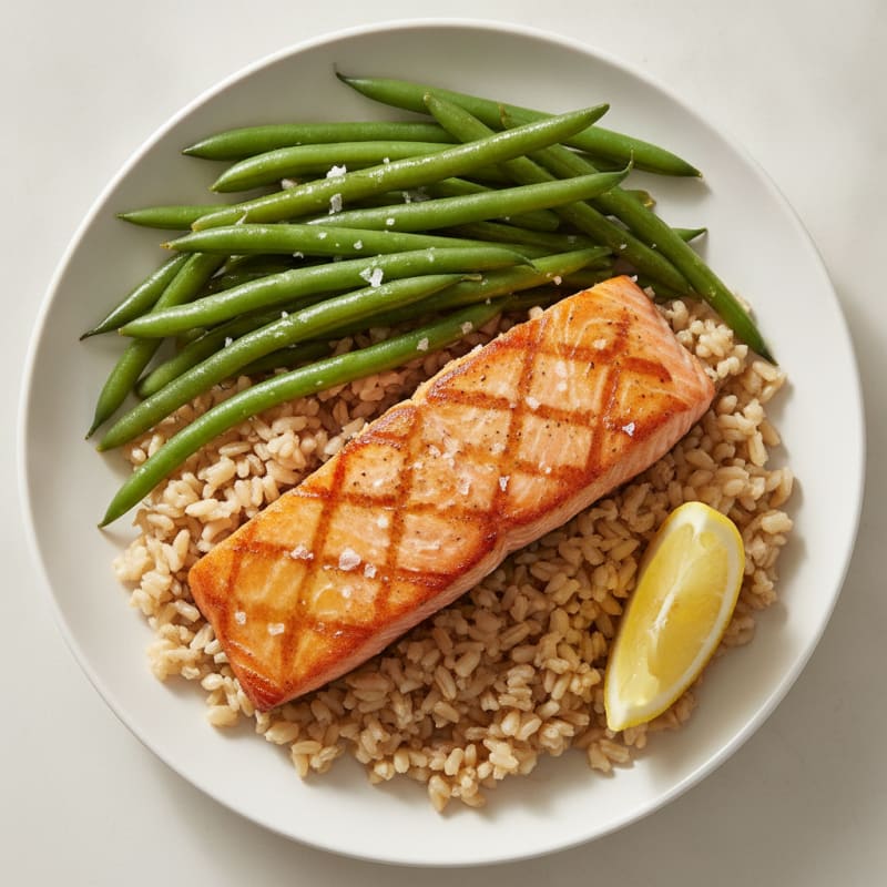 Seared Salmon with Steamed Green Beans and Brown Rice