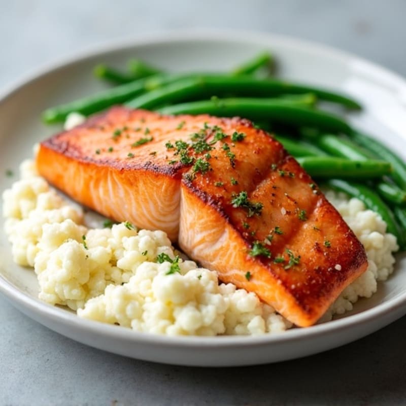 Seared Salmon with Steamed Green Beans and Garlic Mashed Cauliflower