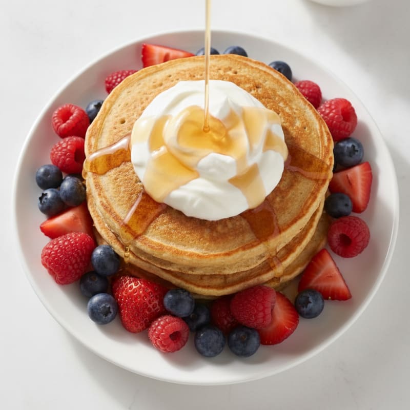Cottage Cheese Protein Pancakes with Greek Yogurt and Berries